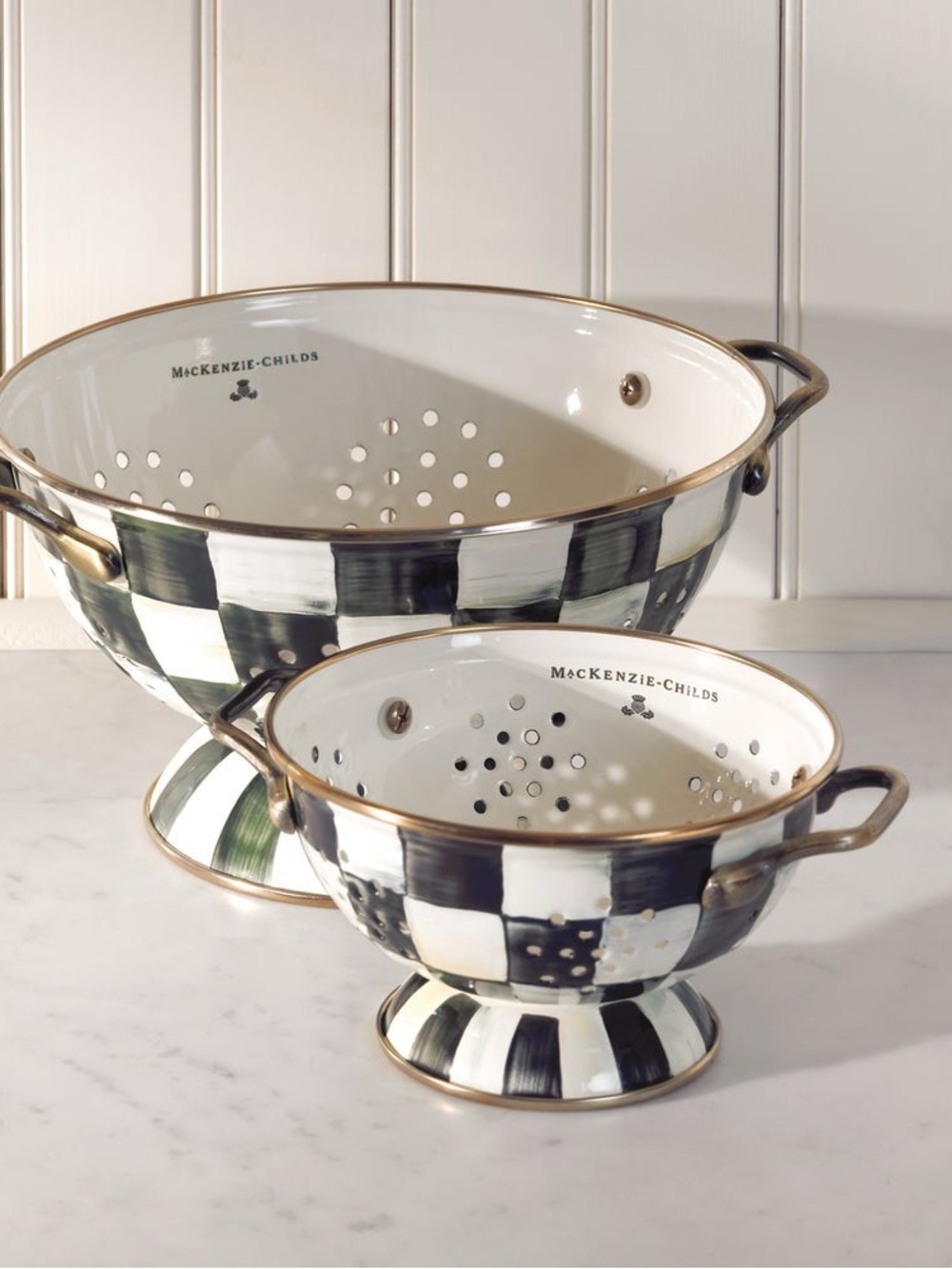 McKenzie Childs Enamel Colanders.Cream with Bronze Trim. Set of 2 Pieces Bk & Wh